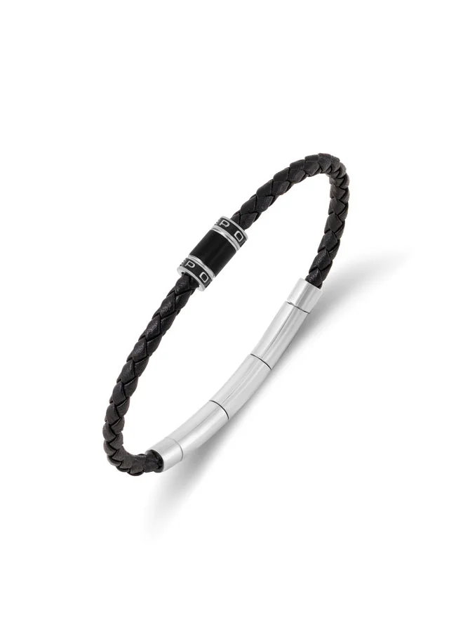 بوليس Carbon Black Slim Braided Leather Bracelet for Men