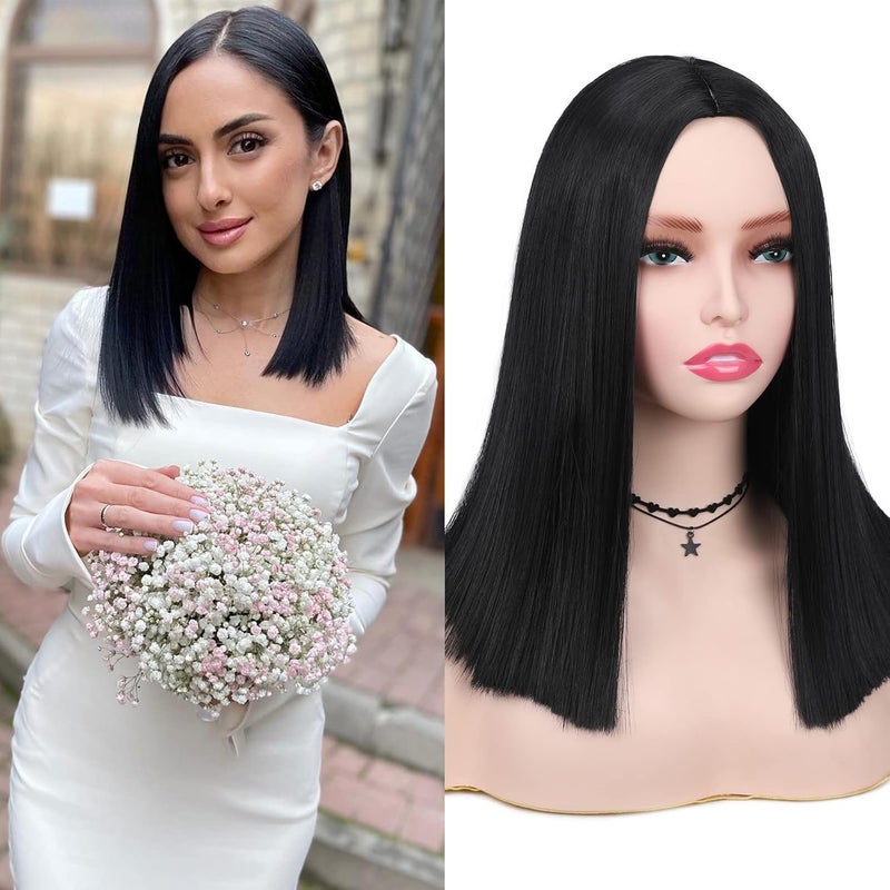 HANNE Natural Black Shoulder Length Bob Wig for Women Short Straight Hair Middle Part Heat Resistant Bob Wigs for Daily Use or Party Black