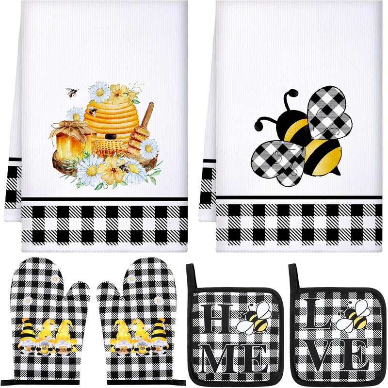 Bencailor 6 Pcs Bee Kitchen Towels Oven Mitts and Pot Holders Sets Dish Towels Non Slip Heat Resistant Oven Gloves for Summer Baking Cooking SuppliesBlack and WhiteBee - Image 1