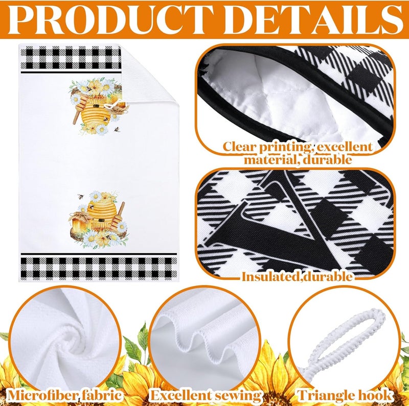 Bencailor 6 Pcs Bee Kitchen Towels Oven Mitts and Pot Holders Sets Dish Towels Non Slip Heat Resistant Oven Gloves for Summer Baking Cooking SuppliesBlack and WhiteBee - Image 5