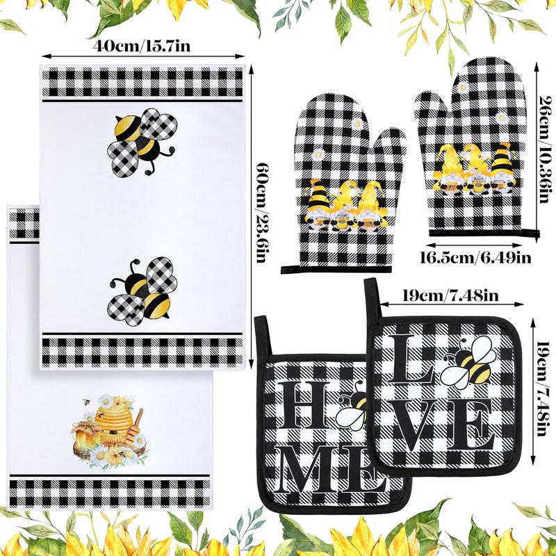 Bencailor 6 Pcs Bee Kitchen Towels Oven Mitts and Pot Holders Sets Dish Towels Non Slip Heat Resistant Oven Gloves for Summer Baking Cooking SuppliesBlack and WhiteBee - Image 3