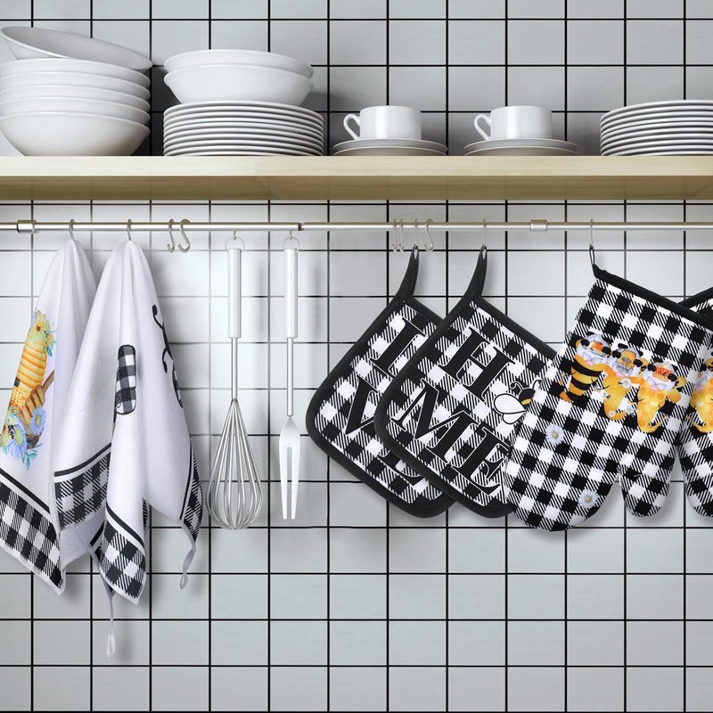 Bencailor 6 Pcs Bee Kitchen Towels Oven Mitts and Pot Holders Sets Dish Towels Non Slip Heat Resistant Oven Gloves for Summer Baking Cooking SuppliesBlack and WhiteBee - Image 2
