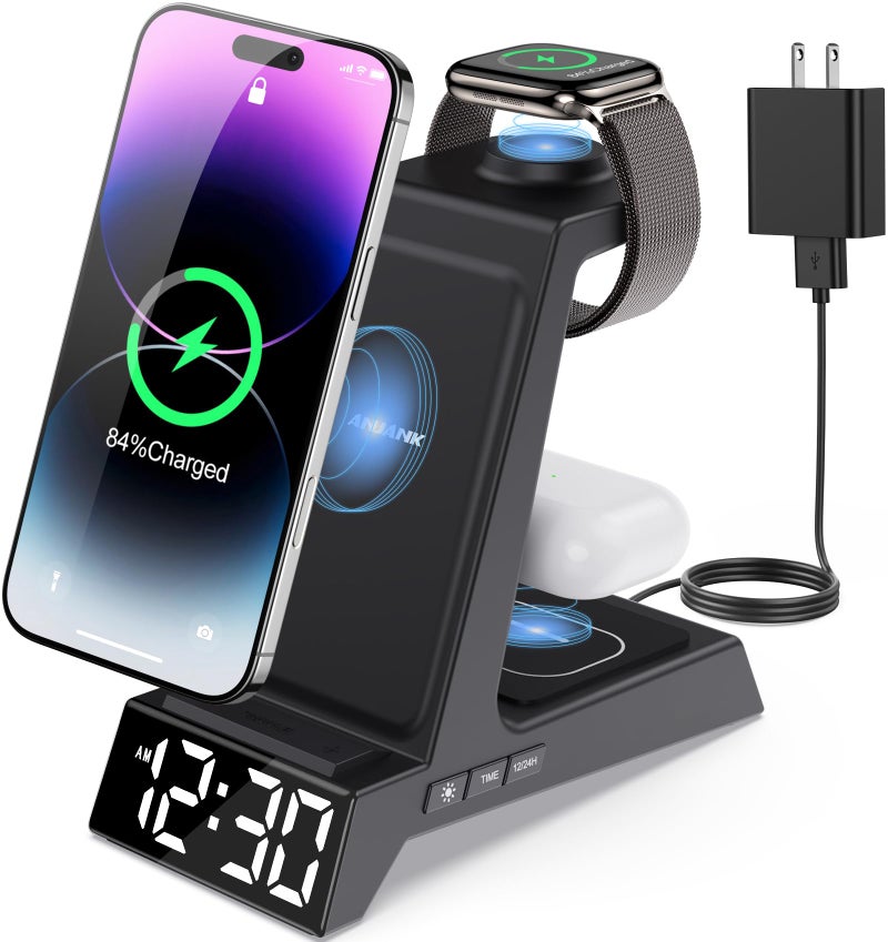 ANJANK 4 in 1 Wireless Charging Station Alarm Clock, Charging Dock for Apple Devices, Charger Stand for iPhone 17 Air 16 15 14 13 12 Series for Apple Watch 11 10 9 8 7 6 5 UItra/SE & AirPods, Dimmable - Image 1