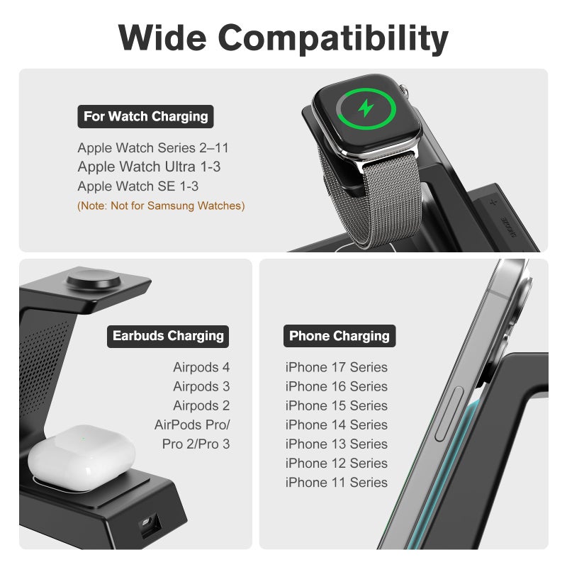 ANJANK 4 in 1 Wireless Charging Station Alarm Clock, Charging Dock for Apple Devices, Charger Stand for iPhone 17 Air 16 15 14 13 12 Series for Apple Watch 11 10 9 8 7 6 5 UItra/SE & AirPods, Dimmable - Image 4