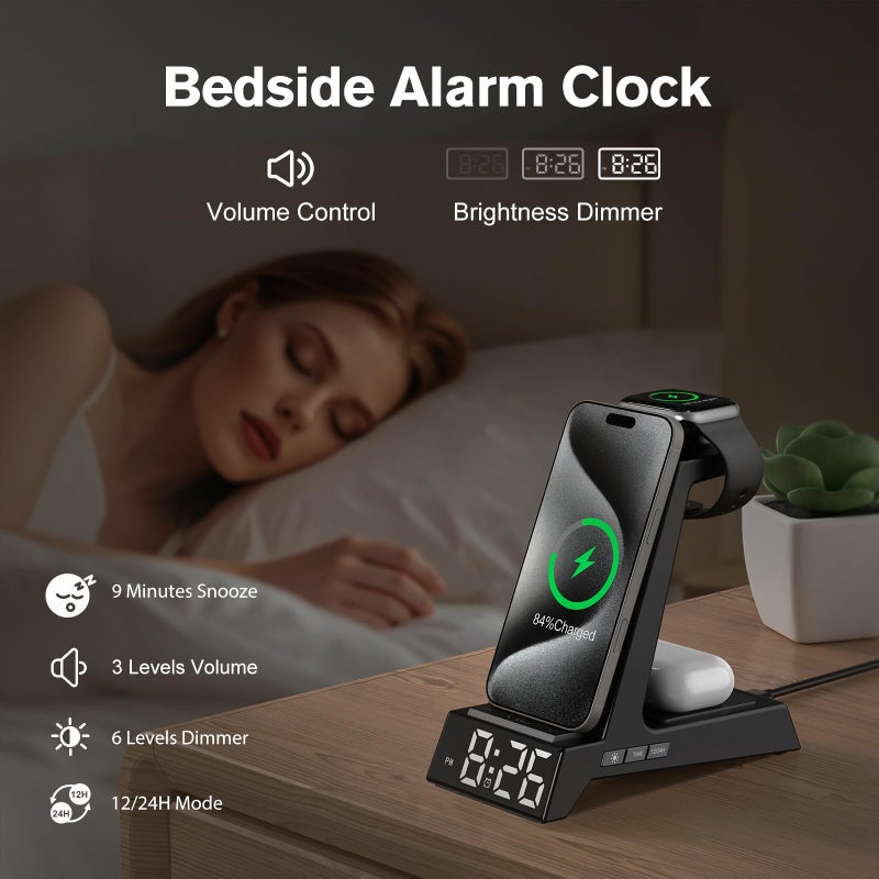 ANJANK 4 in 1 Wireless Charging Station Alarm Clock, Charging Dock for Apple Devices, Charger Stand for iPhone 17 Air 16 15 14 13 12 Series for Apple Watch 11 10 9 8 7 6 5 UItra/SE & AirPods, Dimmable - Image 3