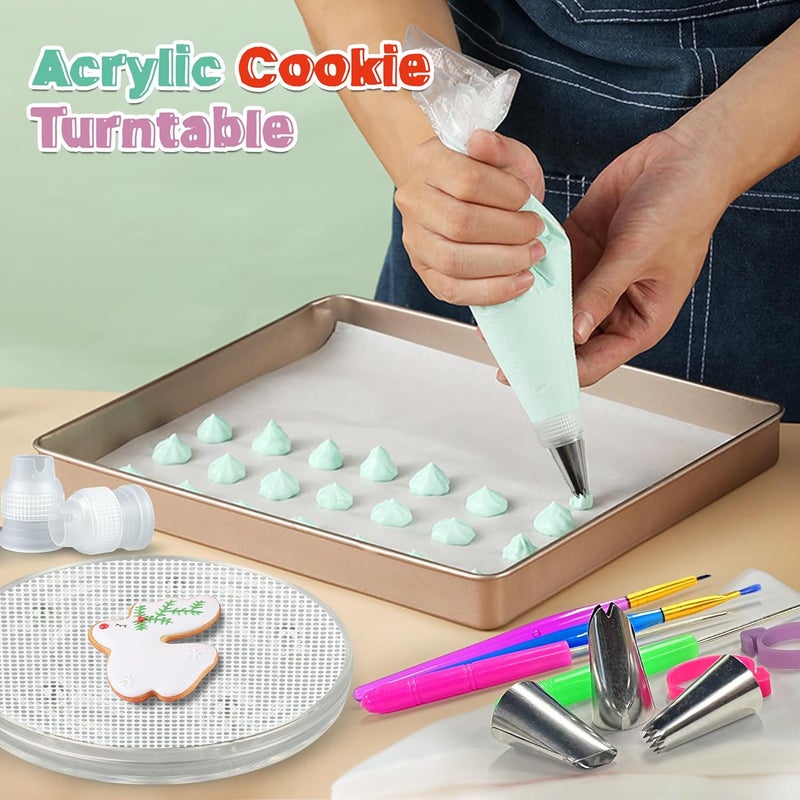 TOSPARTY 56 PCS Cookie Decorating Kit Supplies Including Acrylic Turntable Decoration Brushes Scribe Needle Piping Bags Icing Tips for Cookie Cupcake Cake Decorations - Image 3