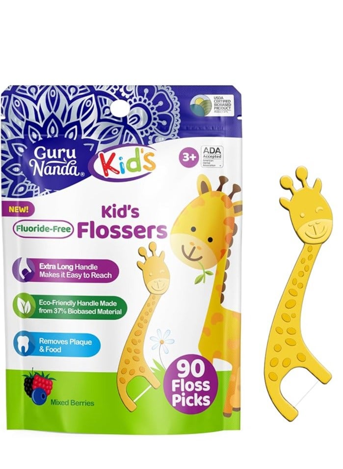 جوراناندا أعواد خيط تنظيف الأسنان للأطفال من جورو ناندا، أعواد طويلة جدًا على شكل زرافة مع الفلورايد، تصميم مضاد للانزلاق ومقاوم للتقطيع ومقبض صديق للبيئة ونكهة التوت، مثالية للأعمار من 3 سنوات فما فوق، 90 قطعة (عبوة من 1) - Image 1