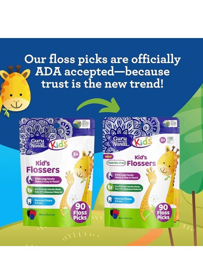 جوراناندا أعواد خيط تنظيف الأسنان للأطفال من جورو ناندا، أعواد طويلة جدًا على شكل زرافة مع الفلورايد، تصميم مضاد للانزلاق ومقاوم للتقطيع ومقبض صديق للبيئة ونكهة التوت، مثالية للأعمار من 3 سنوات فما فوق، 90 قطعة (عبوة من 1) - Image 2