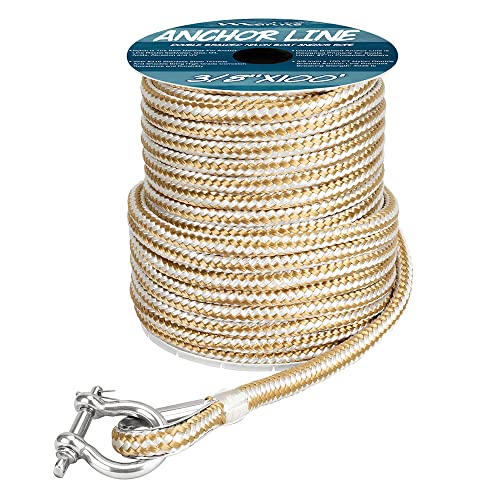 MARINE SYSTEM Made 3/8 Inch 100FT 150FT Gold/White Nylon Anchor Line Double Braided Anchor Rope/Line with Thimble (3/8" x 100') - Image 1
