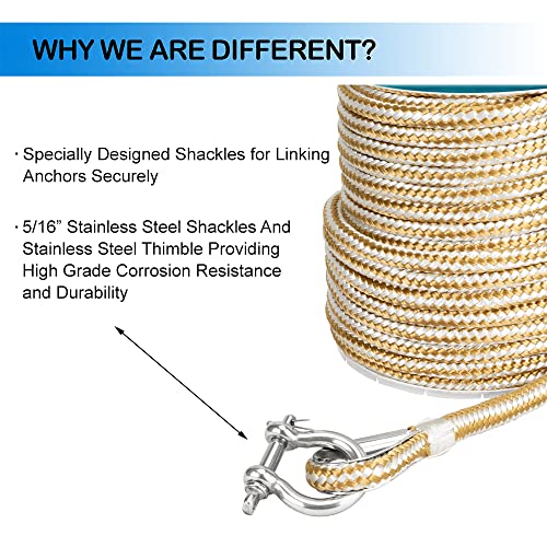 MARINE SYSTEM Made 3/8 Inch 100FT 150FT Gold/White Nylon Anchor Line Double Braided Anchor Rope/Line with Thimble (3/8" x 100') - Image 2