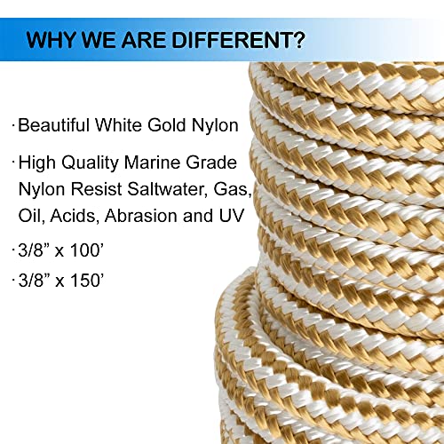 MARINE SYSTEM Made 3/8 Inch 100FT 150FT Gold/White Nylon Anchor Line Double Braided Anchor Rope/Line with Thimble (3/8" x 100') - Image 3