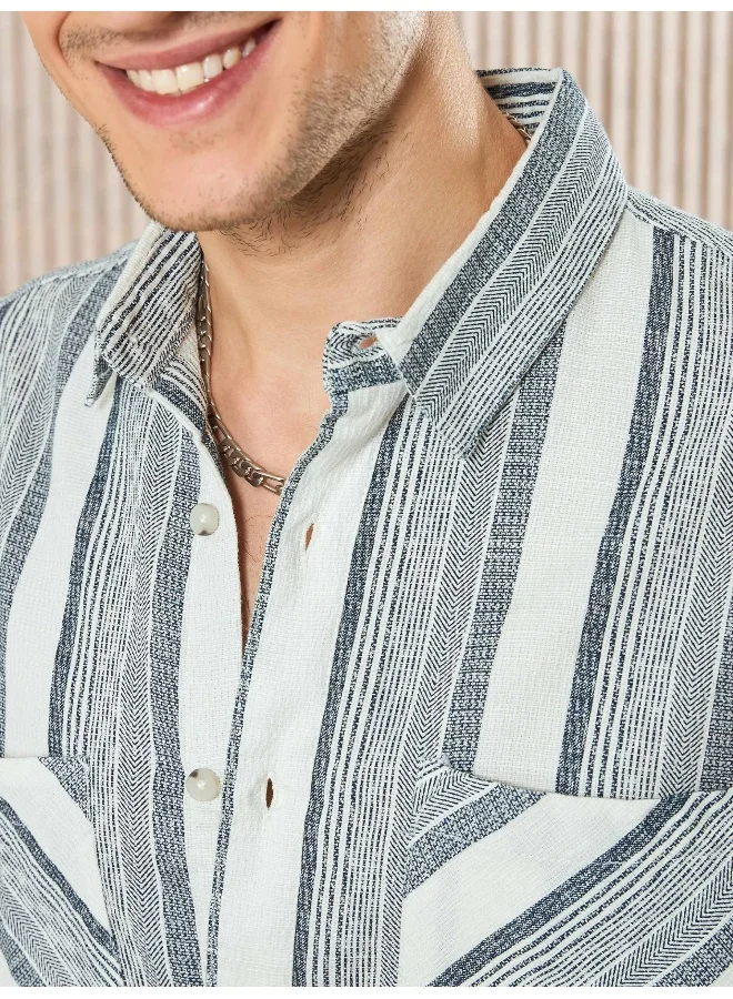 Beyoung White and Blue Striped Urban Shirt for Men