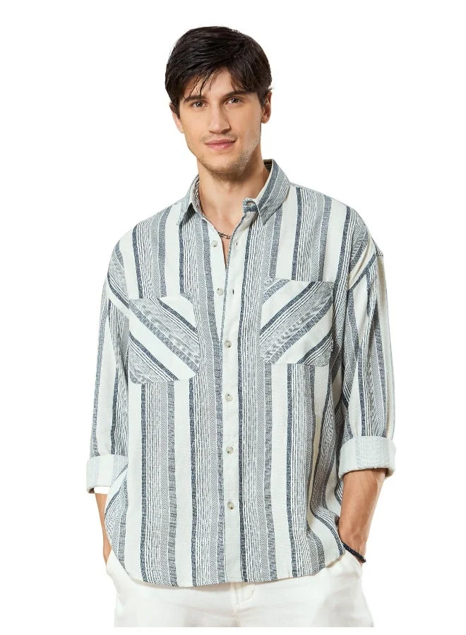 Beyoung White and Blue Striped Urban Shirt for Men