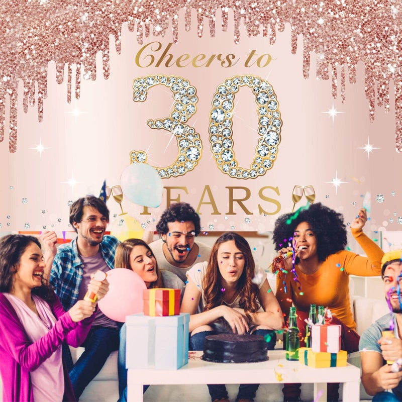 Excelloon 30th Birthday Decorations Cheers to 30 Years Banner, Pink Rose Gold Happy Birthday Backdrop Sign Party Supplies for Women Her, Thirty Birthday Poster Background Photo Booth Props Decor - Image 5