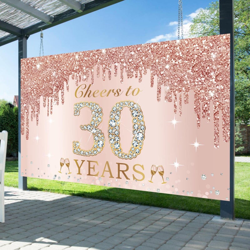 Excelloon 30th Birthday Decorations Cheers to 30 Years Banner, Pink Rose Gold Happy Birthday Backdrop Sign Party Supplies for Women Her, Thirty Birthday Poster Background Photo Booth Props Decor - Image 3