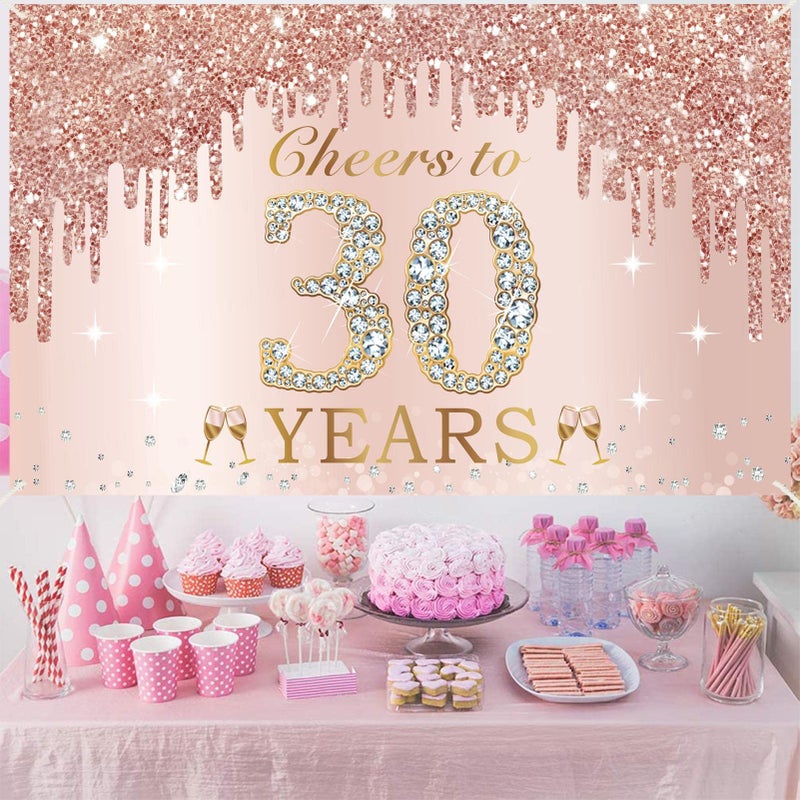 Excelloon 30th Birthday Decorations Cheers to 30 Years Banner, Pink Rose Gold Happy Birthday Backdrop Sign Party Supplies for Women Her, Thirty Birthday Poster Background Photo Booth Props Decor - Image 4