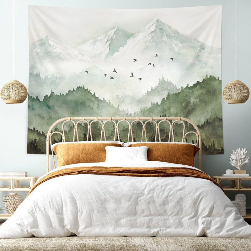 kampdream Mountain Forest Tapestry, Misty Foggy Sage Green Tree Landscape Watercolor Art Wall Tapestries, Nature Scenery Tapestry for Bedroom Living Room Backdrop 36Ã—48 inch - Image 5