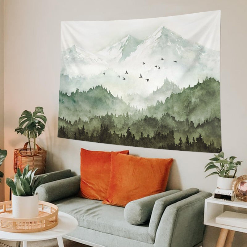 kampdream Mountain Forest Tapestry, Misty Foggy Sage Green Tree Landscape Watercolor Art Wall Tapestries, Nature Scenery Tapestry for Bedroom Living Room Backdrop 36Ã—48 inch - Image 4