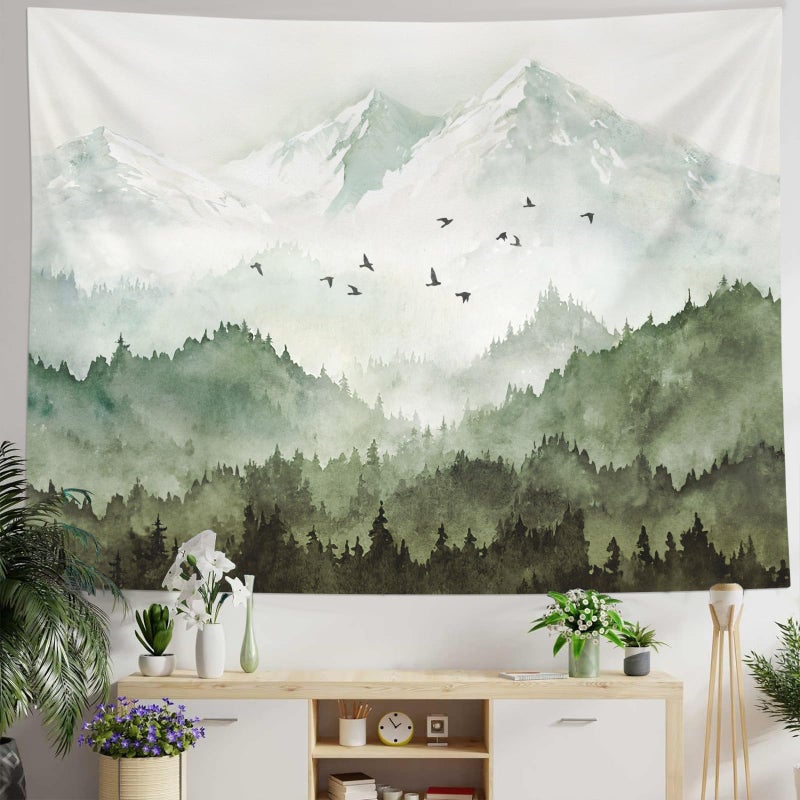 kampdream Mountain Forest Tapestry, Misty Foggy Sage Green Tree Landscape Watercolor Art Wall Tapestries, Nature Scenery Tapestry for Bedroom Living Room Backdrop 36Ã—48 inch - Image 1