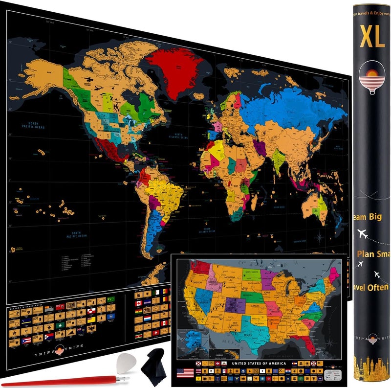 TRIPA TRIPS XL Scratch Off World Map with 233 Flags – 36 x 24 Scratch Off Map of The World + USA Scratch Map – Easy to Frame World Map + Tools – Detailed Travel Wall Poster - Deluxe Gift for Travelers - Image 1