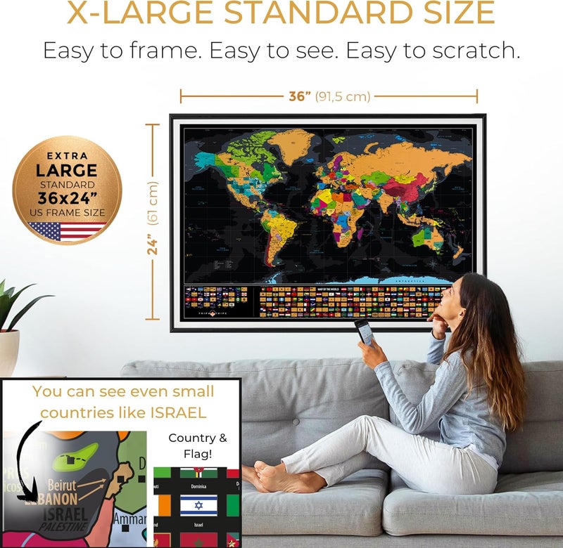 TRIPA TRIPS XL Scratch Off World Map with 233 Flags – 36 x 24 Scratch Off Map of The World + USA Scratch Map – Easy to Frame World Map + Tools – Detailed Travel Wall Poster - Deluxe Gift for Travelers - Image 2