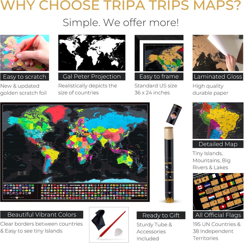 TRIPA TRIPS XL Scratch Off World Map with 233 Flags – 36 x 24 Scratch Off Map of The World + USA Scratch Map – Easy to Frame World Map + Tools – Detailed Travel Wall Poster - Deluxe Gift for Travelers - Image 4