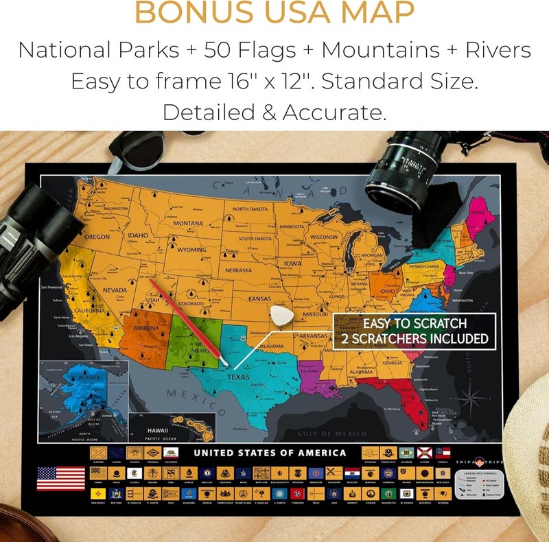 TRIPA TRIPS XL Scratch Off World Map with 233 Flags – 36 x 24 Scratch Off Map of The World + USA Scratch Map – Easy to Frame World Map + Tools – Detailed Travel Wall Poster - Deluxe Gift for Travelers - Image 5