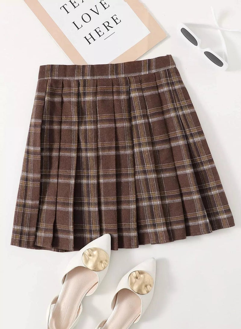 Zip Side Tartan Pleated Skirt  - Image 1