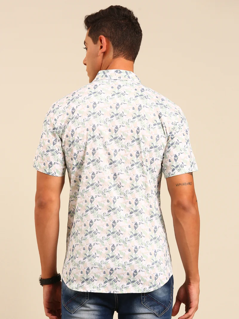 جوفن قميص رجالي قطني مطبوع باللونين الأبيض والأخضر