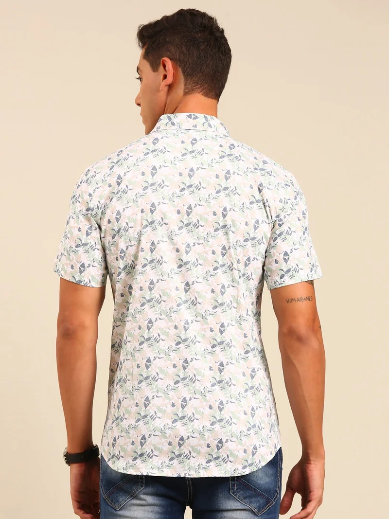 Joven Men's White and Green Printed Cotton Shirt