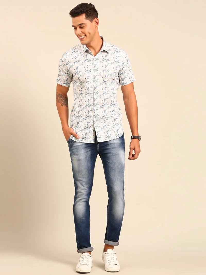Joven  Men's White and Green Printed Cotton Shirt for Men | Best Price UAE