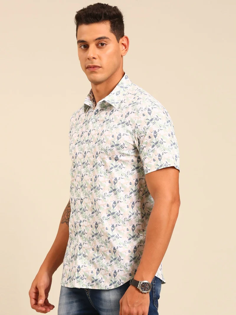 جوفن قميص رجالي قطني مطبوع باللونين الأبيض والأخضر