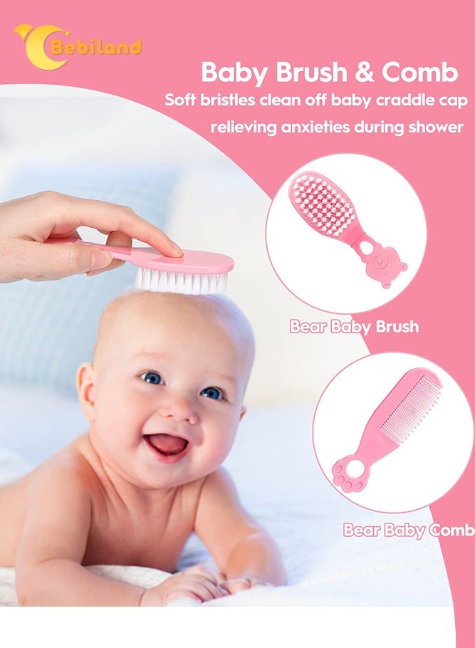 بيبي لاند مجموعة العناية بالطفل مكونة من 13 قطع مع ميزان حرارة، شفاط أنف، فرشاة أسنان، مشبك لهاية، لوح صنفرة، مقص أظافر، مقص، فرشاة ومشط، أداة استحمام محمولة للعناية اليومية الأساسية للأطفال الرضع(زهري) - Image 3