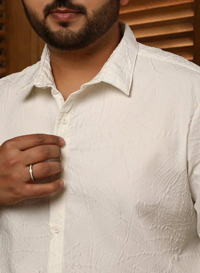 Instafab Plus Instafab Plus Men's Ivory White Foliage-Tactile Relaxed Shirt For Casual Wear | Spread Collar | Long Cuffed Sleeves | Button Closure | Plus Size Shirt Crafted With Comfort Fit For Everyday Wear