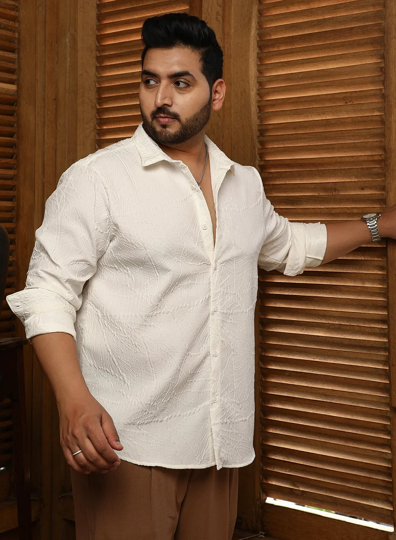 Instafab Plus Instafab Plus Men's Ivory White Foliage-Tactile Relaxed Shirt For Casual Wear | Spread Collar | Long Cuffed Sleeves | Button Closure | Plus Size Shirt Crafted With Comfort Fit For Everyday Wear