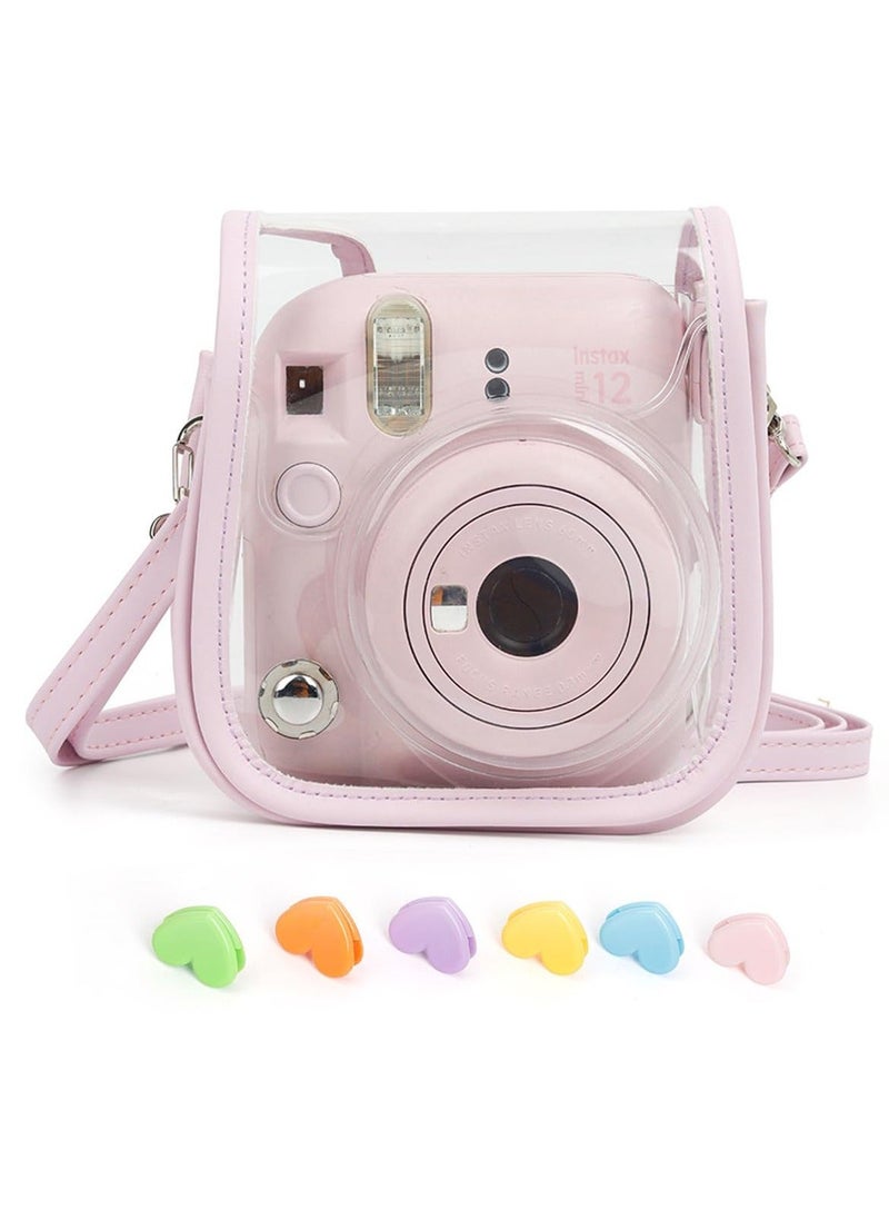 Generic Protective Clear Case for Fuji Instax Mini 12, Carrying Case Bag for Fujifilm Instax Mini 12 Instant Camera, PC Cover with Love-shaped Clip & Shoulder Strap (Pink)  - Image 1