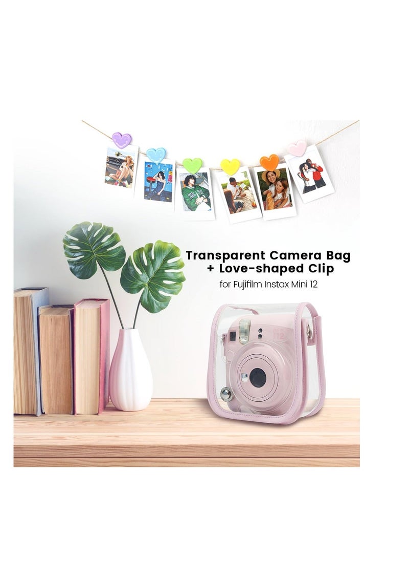 Generic Protective Clear Case for Fuji Instax Mini 12, Carrying Case Bag for Fujifilm Instax Mini 12 Instant Camera, PC Cover with Love-shaped Clip & Shoulder Strap (Pink)  - Image 2