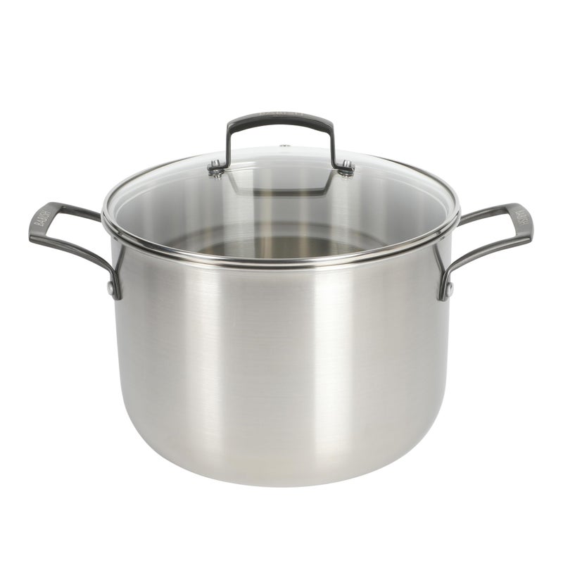 Babish 8 Quart Tri-Ply Stainless Steel Stock Pot with Glass Lid & Black Handles â€“ Dutch Oven, Oven Safe, Dishwasher Safe - Image 1
