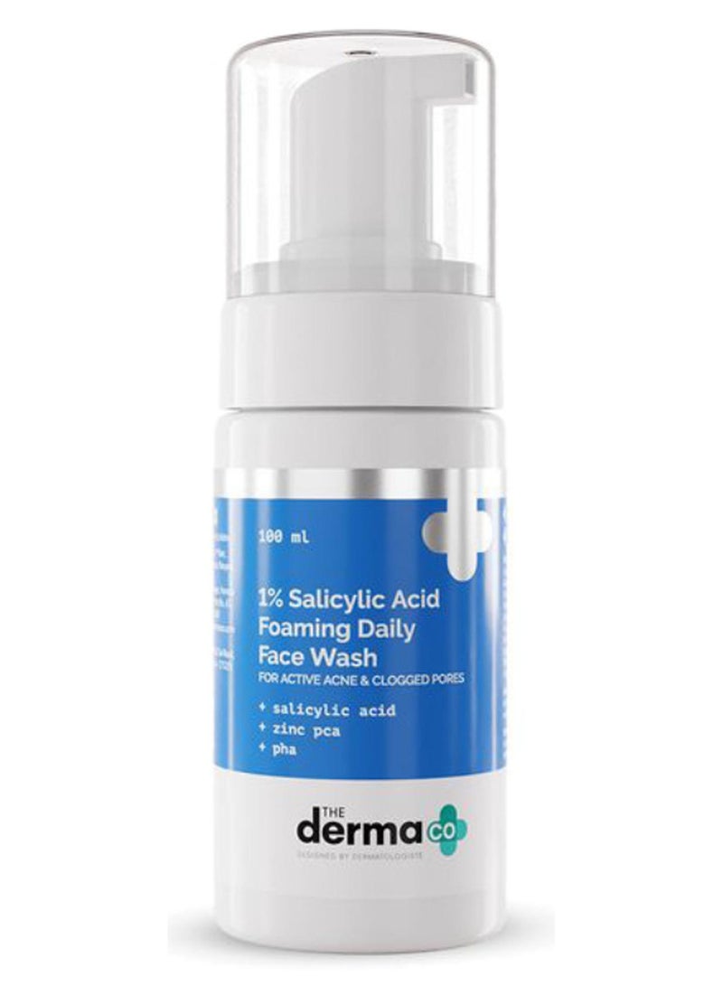 The Derma Co 1% Salicylic Acid Foaming Daily Face Wash with Salicylic Acid, Zinc PCA & PHA for Active Acne & clogged Pores - 100 ml Reduces Acne | Unclogs Pores - Image 1