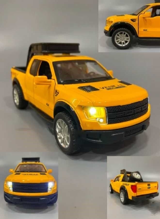 داي كاست نموذج سيارة فورد رابتور F150 شاحنة من سبائك معدنية مصبوبة بمقياس 1/32 مع صوت وإضاءة وأبواب مفتوحة وسحب للخلف (أسود، بدون صندوق)