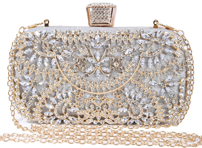 Covelin Women's Rhinestone Decorated Evening Bag, Tote Shoulder Crossbody Handbag with Chain (Silver) - Image 1