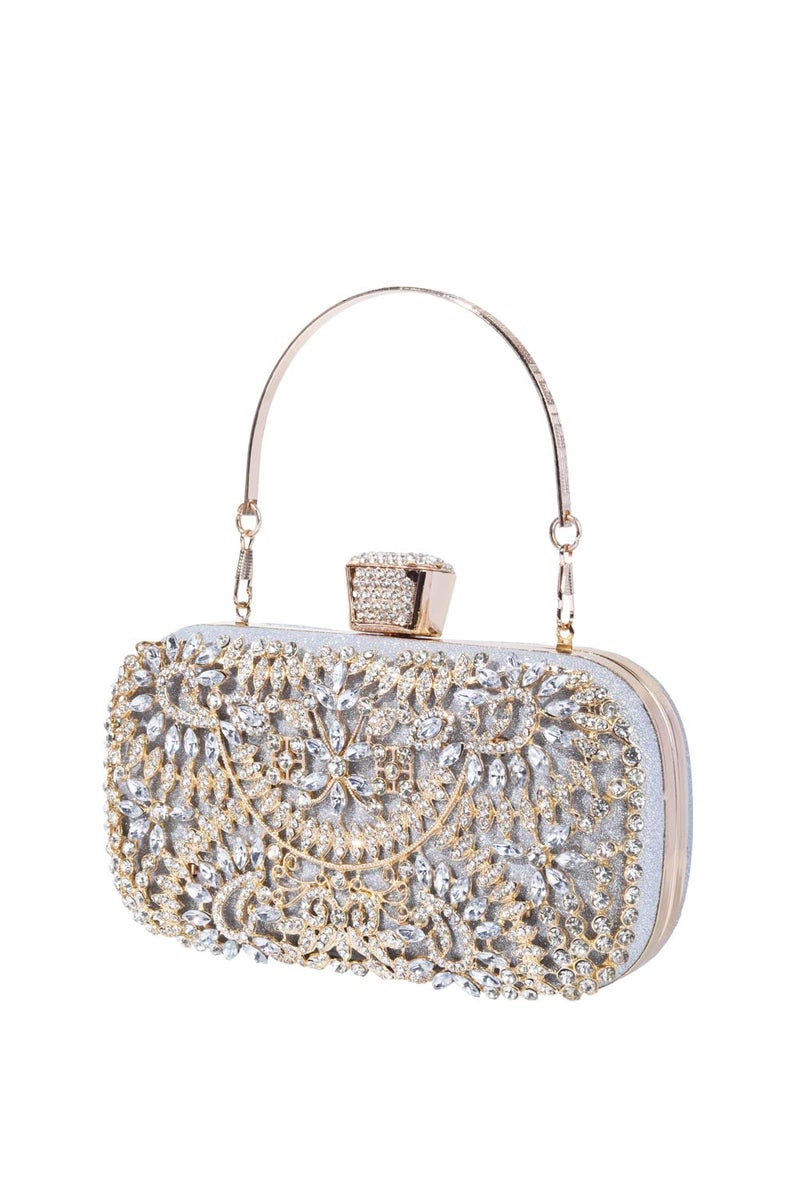 Covelin Women's Rhinestone Decorated Evening Bag, Tote Shoulder Crossbody Handbag with Chain (Silver) - Image 3