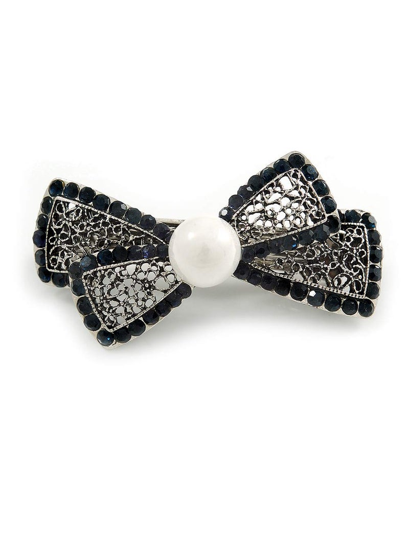 Avalaya Small Vintage Inspired Filigree Midnight Blue Crystal Bow Barrette Hair Clip Grip In Aged Silver Finish  60mm Across 