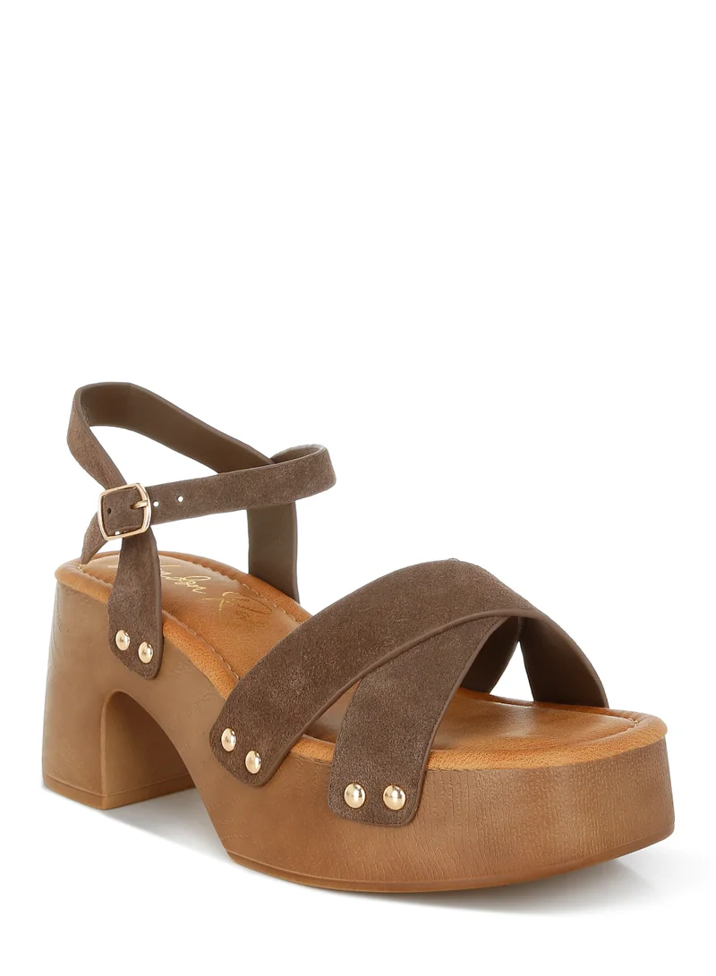 London Rag Studded Real Suede Clog Sandals in Brown