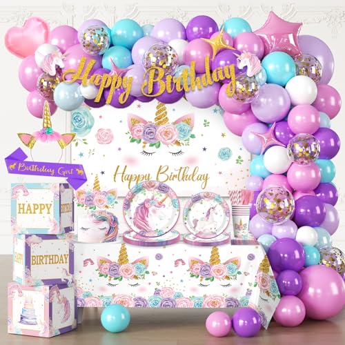 cocomigo 246PCS Unicorn Birthday Decorations Set AllinOne Party Supplies Pack with 20 Plates Purple Unicorn Party Supplies for Girl Birthday Party Serves 20 Guests - Image 1