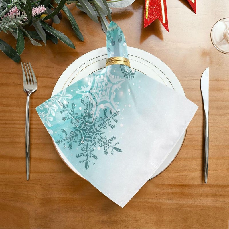 senya Christmas Cloth Napkin Silver Winter Teal Turquoise Snowflakes Christmas Cloth Napkin Set of 6 Washable Reusable Polyester Table Napkins for Family Dinner Party Holiday - Image 3