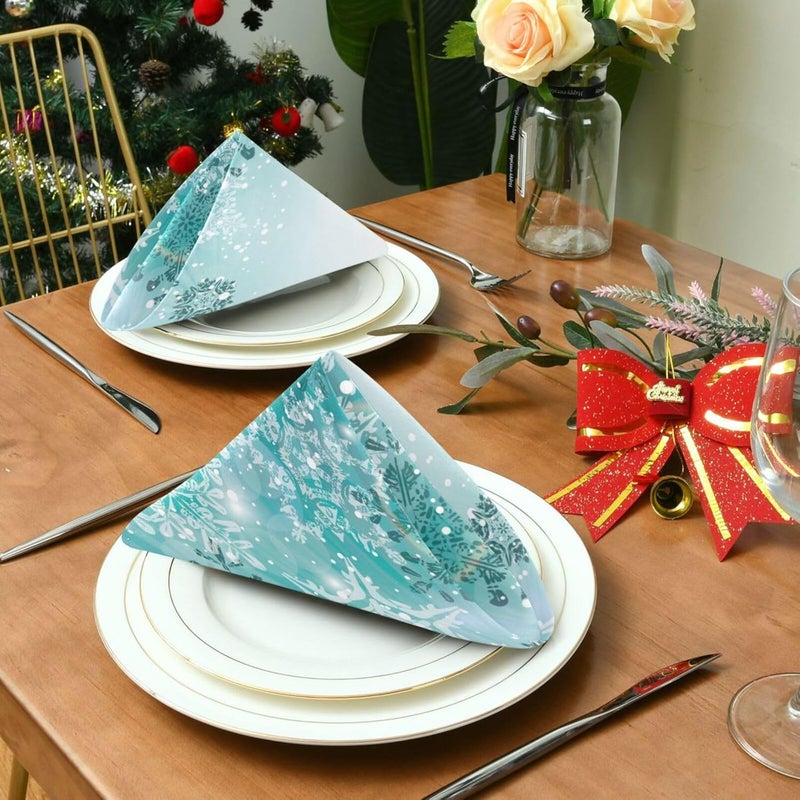 senya Christmas Cloth Napkin Silver Winter Teal Turquoise Snowflakes Christmas Cloth Napkin Set of 6 Washable Reusable Polyester Table Napkins for Family Dinner Party Holiday - Image 4
