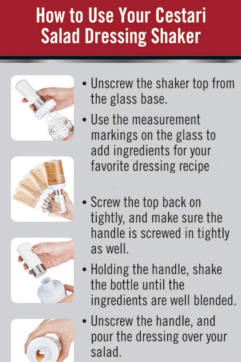 Cestari Original Salad Dressing Shaker: Borosilicate Glass Bottle with Mixer Insert, Leak-Proof Salad Dressing Blender and Dispenser with Measurements + Recipes, Reusable Vinaigrette Cruet - Image 4