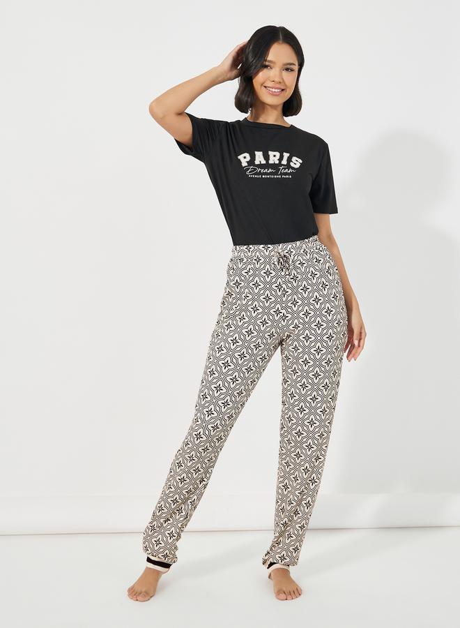 Styli Paris Slogan Print T-Shirt & Printed Cuffed Pyjama Set  - Image 2