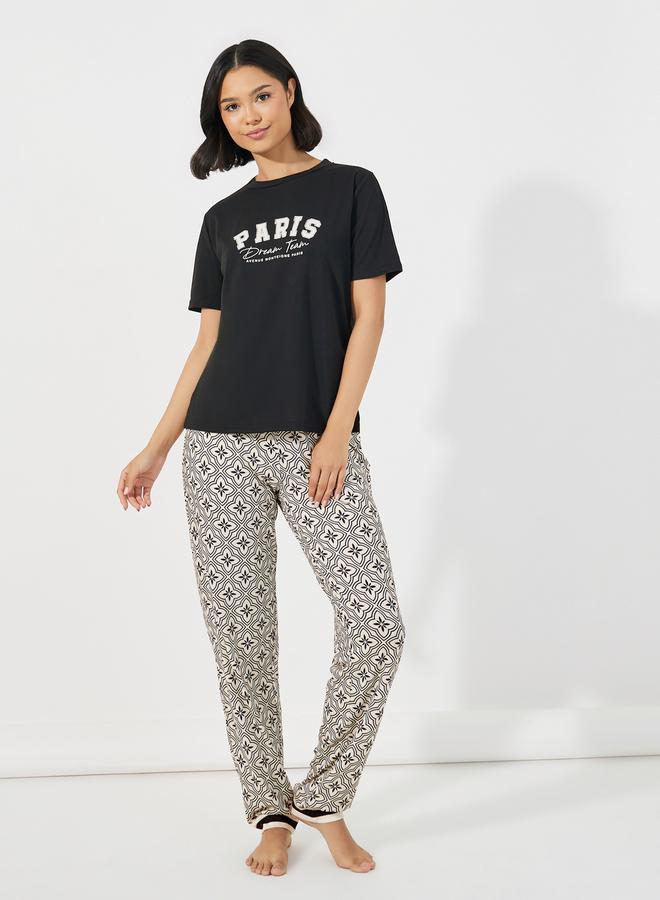 Styli Paris Slogan Print T-Shirt & Printed Cuffed Pyjama Set  - Image 1
